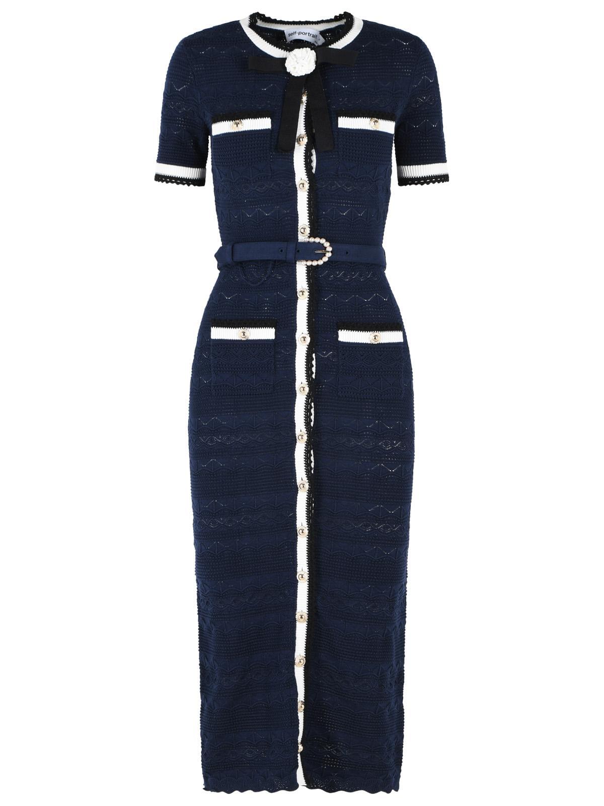 Self Portrait Navy Cotton Blend Openwork Knit Midi Dress Women