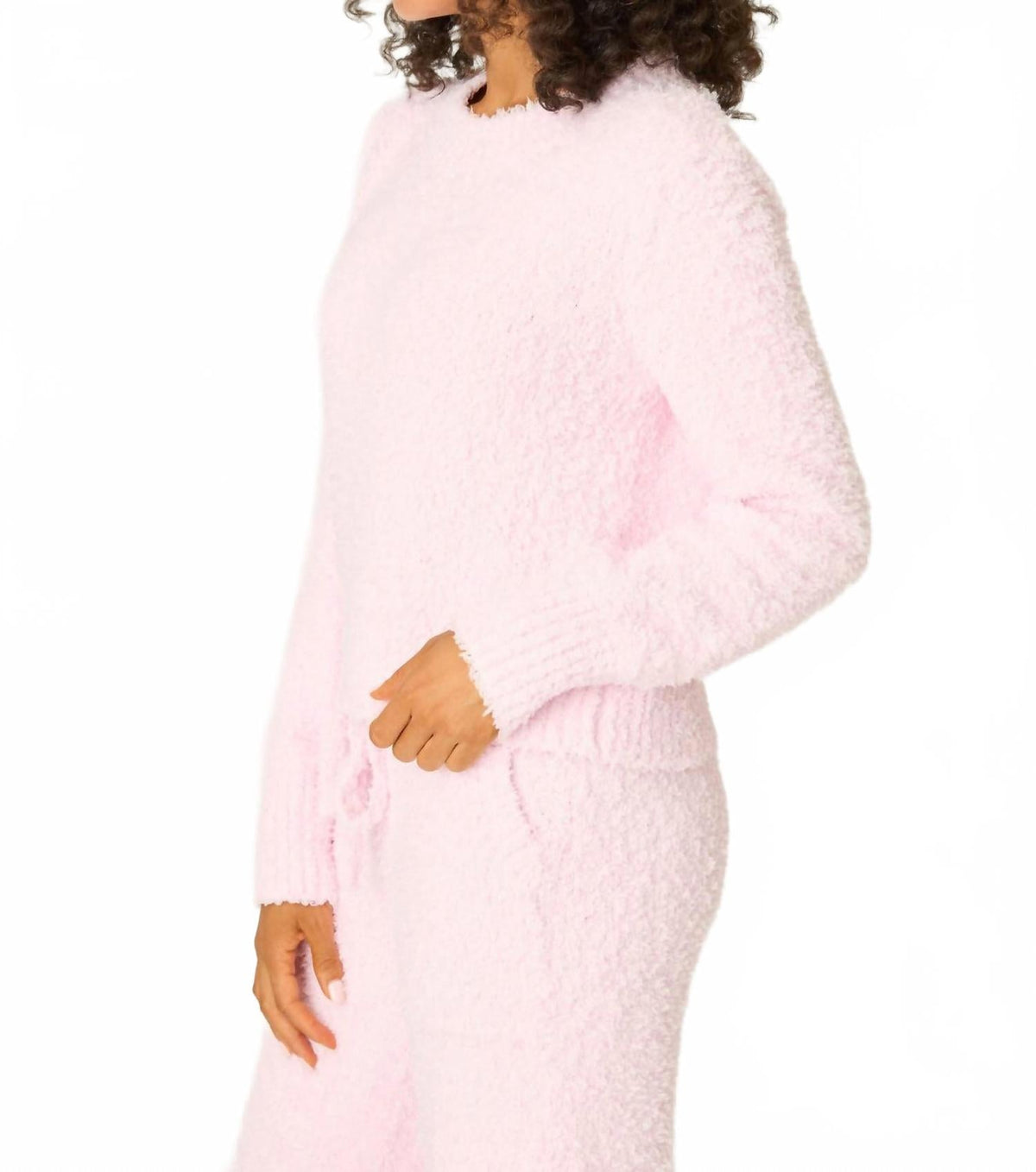 Long Sleeve Bundle Up Boucle Top In Pink