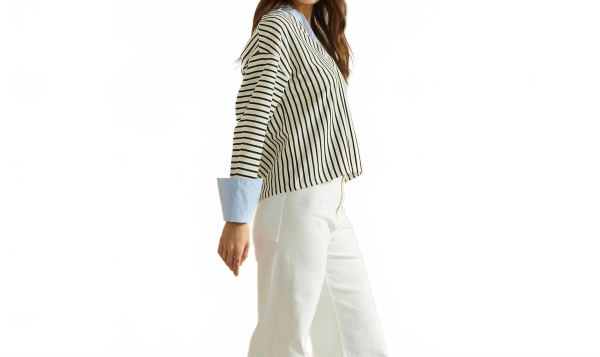Stripe V-Neck Blouse In Black/white