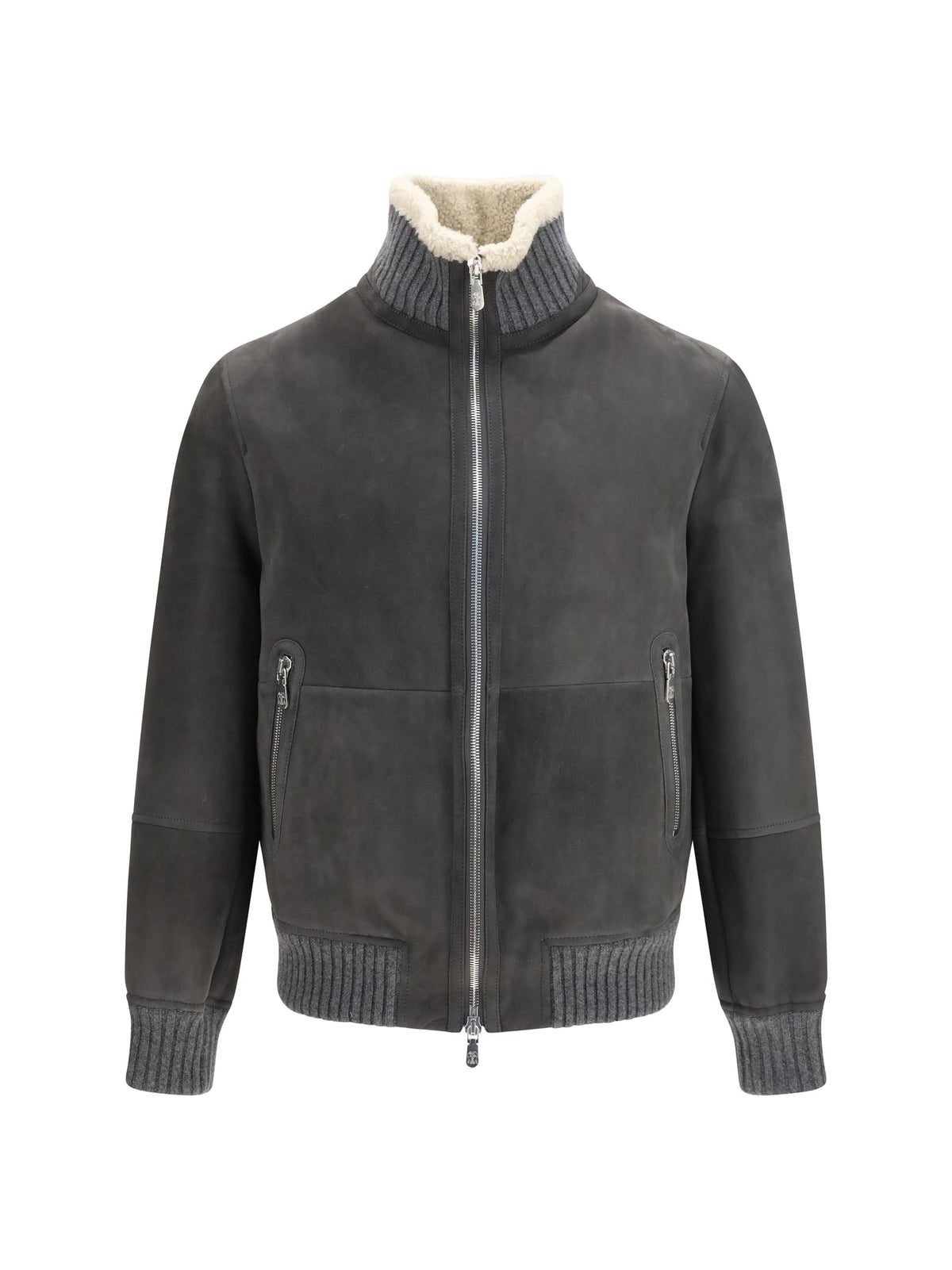 Brunello Cucinelli Men Shearling Jacket With Zip And High Neck