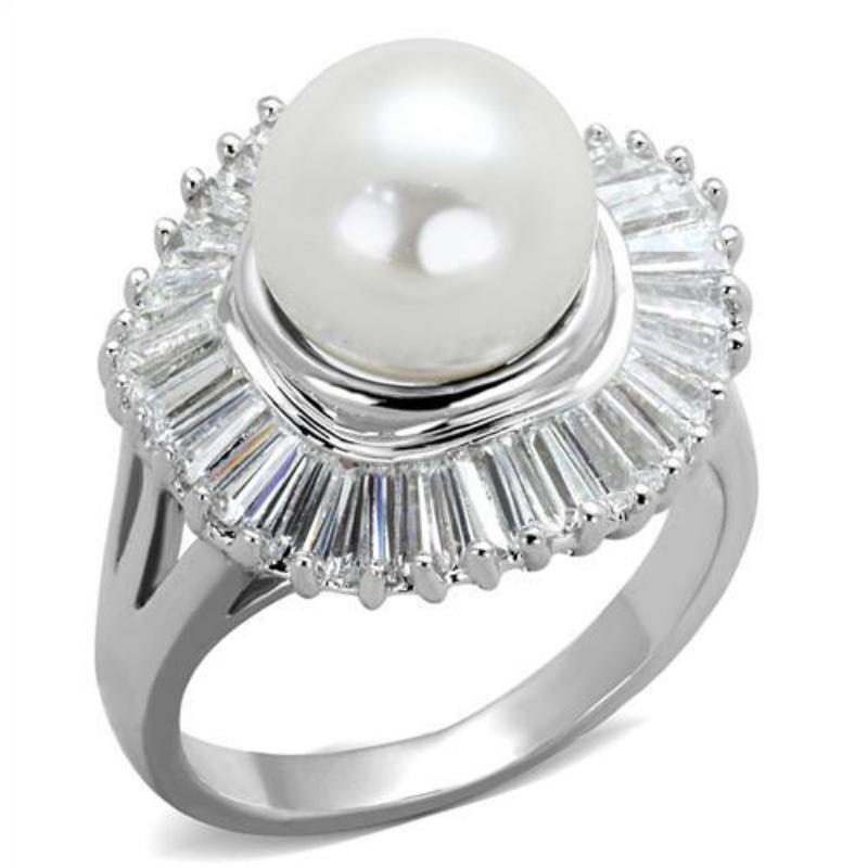 Rhodium Brass Ring with Synthetic Pearl in White