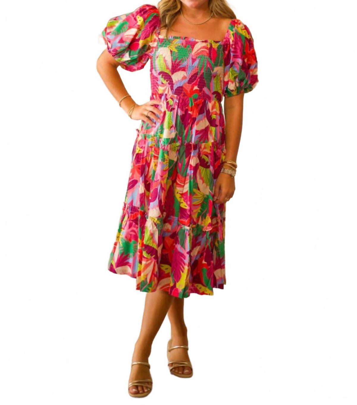 Square Neck Midi Dress In Pink Multi