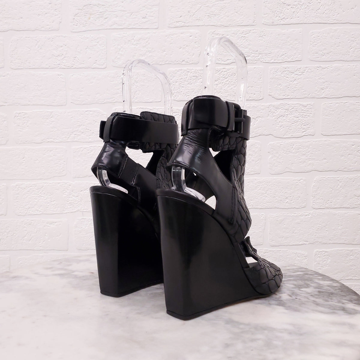ALEXANDER WANG BLACK CROC EFFECT OPEN TOE WEDGES - SIZE 39
