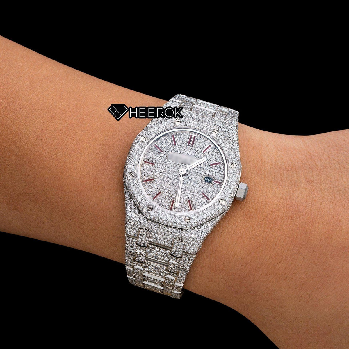 AP Royal Oak Full Pave Dial Red Stick Markers Diamond Bezel Full Iced Out Moissanite Diamond Watch For Women