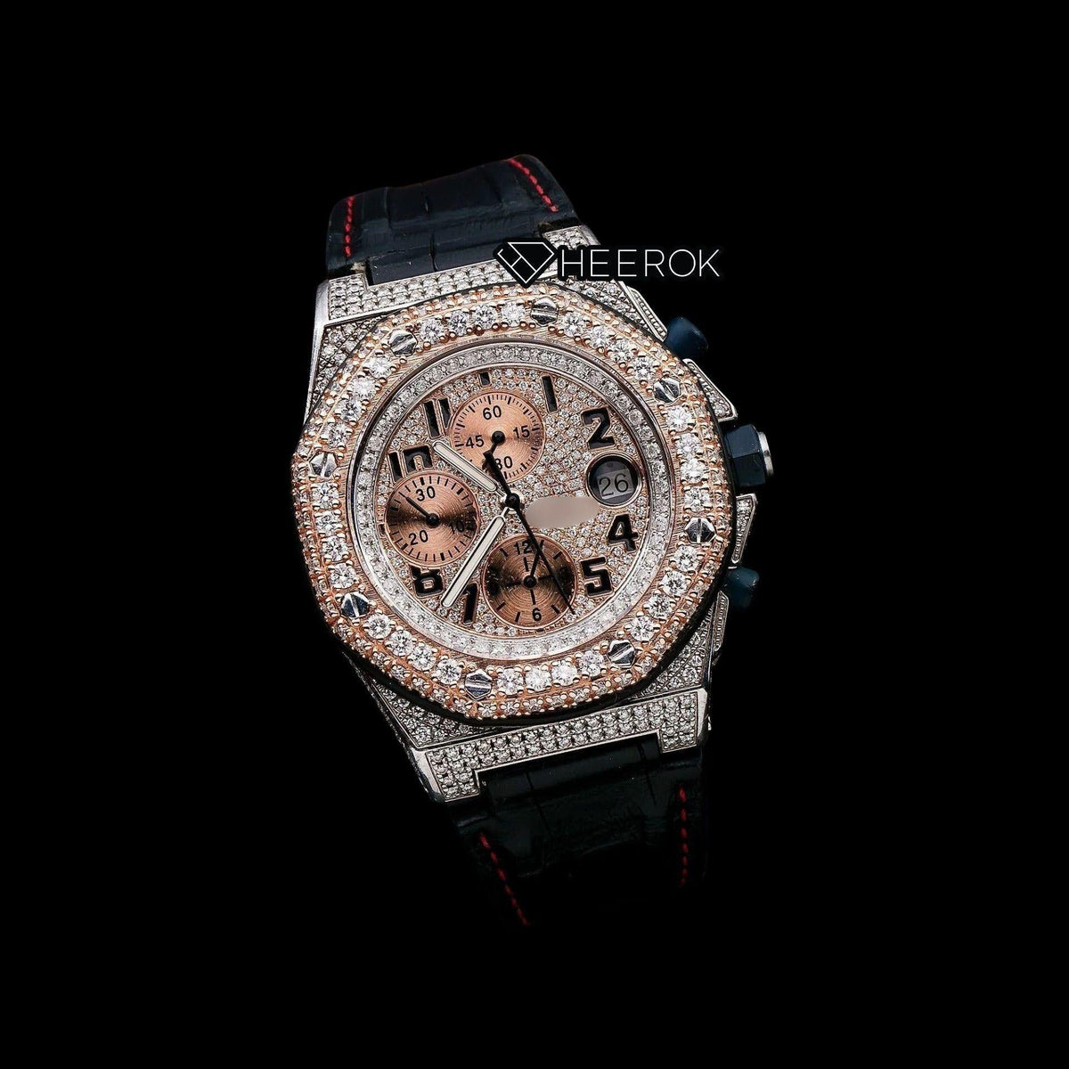 AP Royal Oak Offshore Chronograph Pave Diamond Dial Black Standard Numerals Rose Gold Diamond Bezel Black Leather Strap Semi Iced Out Moissanite Watch