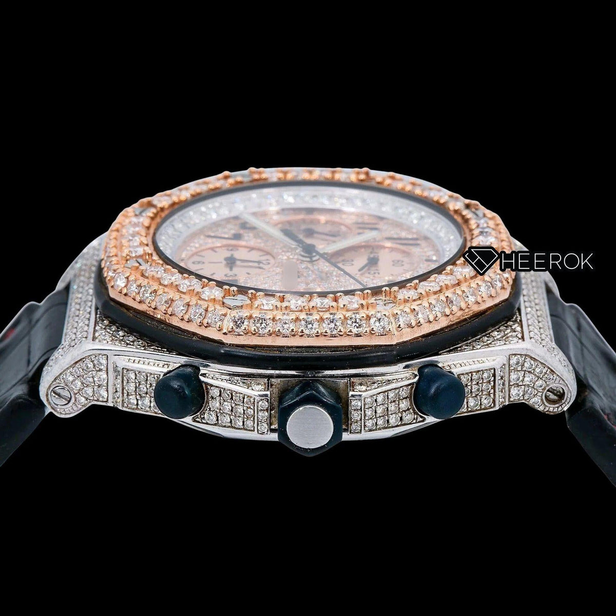 AP Royal Oak Offshore Chronograph Pave Diamond Dial Black Standard Numerals Rose Gold Diamond Bezel Black Leather Strap Semi Iced Out Moissanite Watch