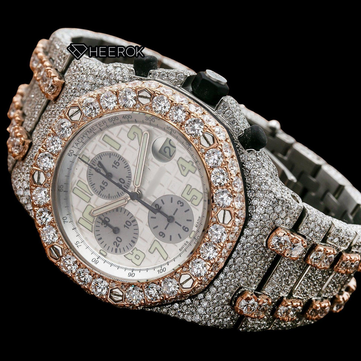 AP Royal Oak Offshore Chronograph White Dial Standard Numerals Large Round Diamond Bezel Rose Gold Two Tone Fully Iced Out Moissanite Watch