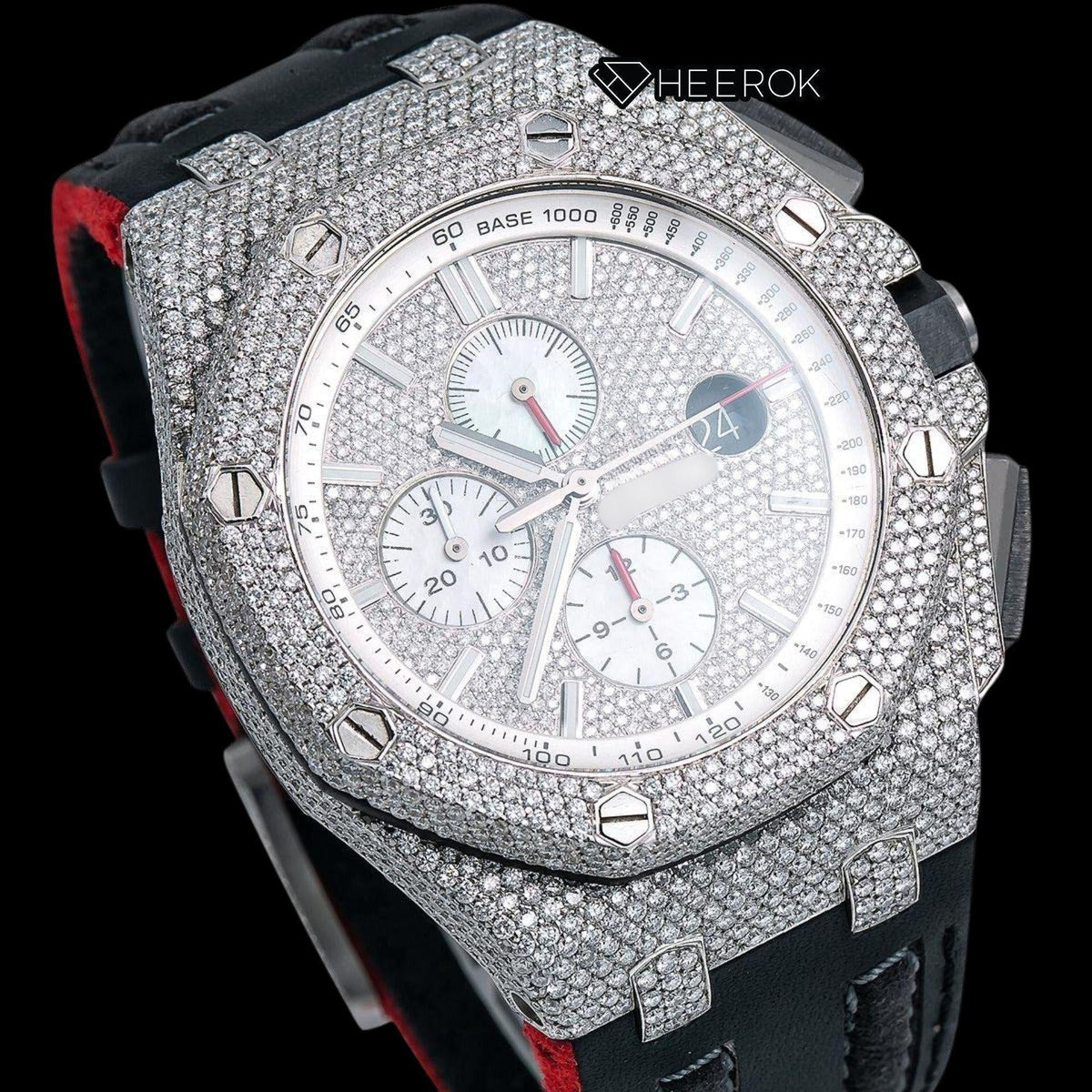 AP Royal Oak Offshore Full Pave Chronograph Diamond Dial Stick Markers Diamond Bezel Black Leather Strap Semi Iced Out Moissanite Watch