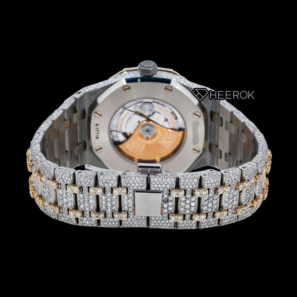AP Royal Oak Yellow Gold Dial Multicolor Arabic Numerals Large Round Diamond Bezel Two Tone Yellow Gold Moissanite Diamond Watch