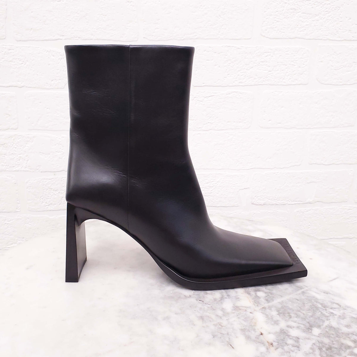 BALENCIAGA BLACK LEATHER LOGO SQUARE TOE BOOTS - SIZE 36C