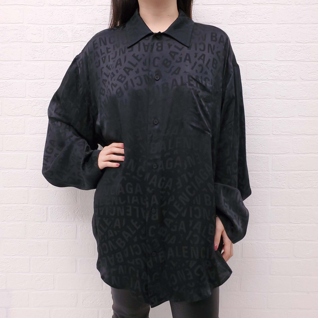 BALENCIAGA OVERSIZED BLACK SILK LOGO BLOUSE - SIZE 36