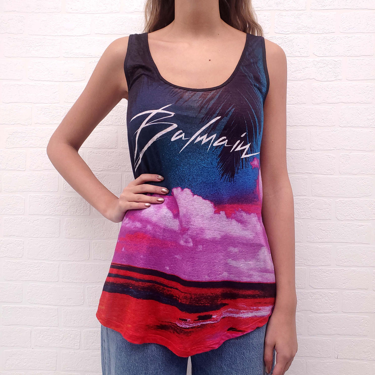 BALMAIN BEACH PRINT LOGO TANK TOP - SIZE 34