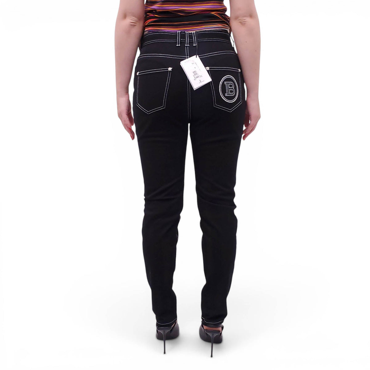 BALMAIN BLACK DENIM PANTS WITH WHITE STITCHING - SIZE 42