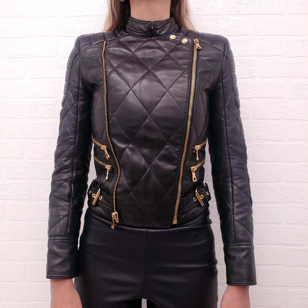 BALMAIN BLACK LEATHER BIKER  JACKET - SIZE 34