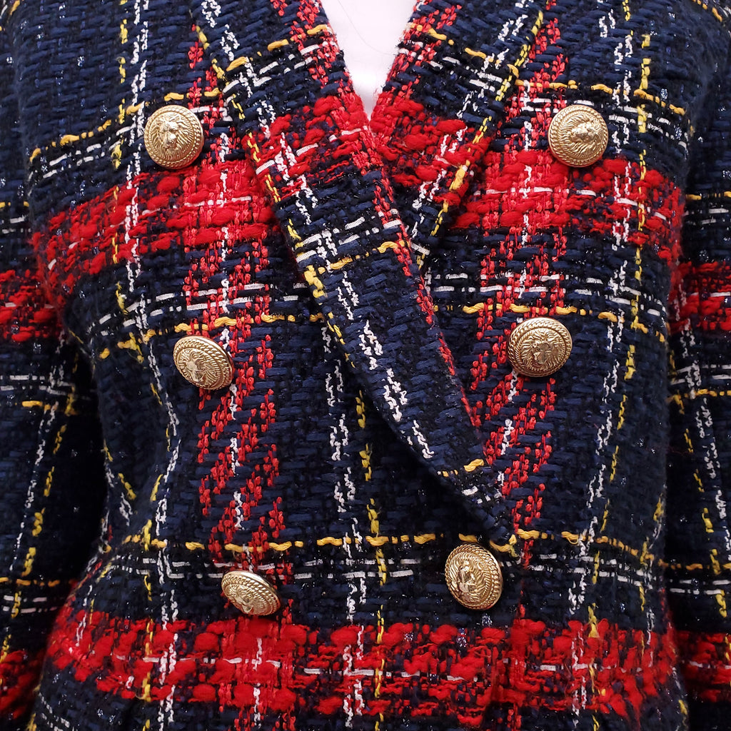 BALMAIN BLUE AND RED PLAID TWEED BLAZER  - SIZE 42