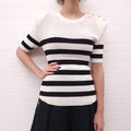 BALMAIN CREAM AND BLACK STRIPED SHORT SLEEVE SWEATER WITH LOGO BUTTONS - SIZE 38