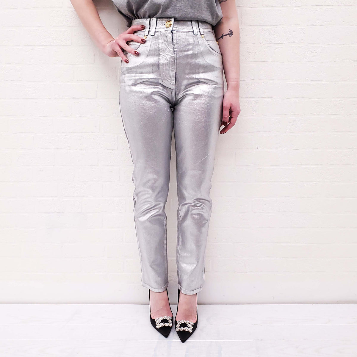 BALMAIN SILVER JEANS WITH GOLD LOGO - SIZE 38