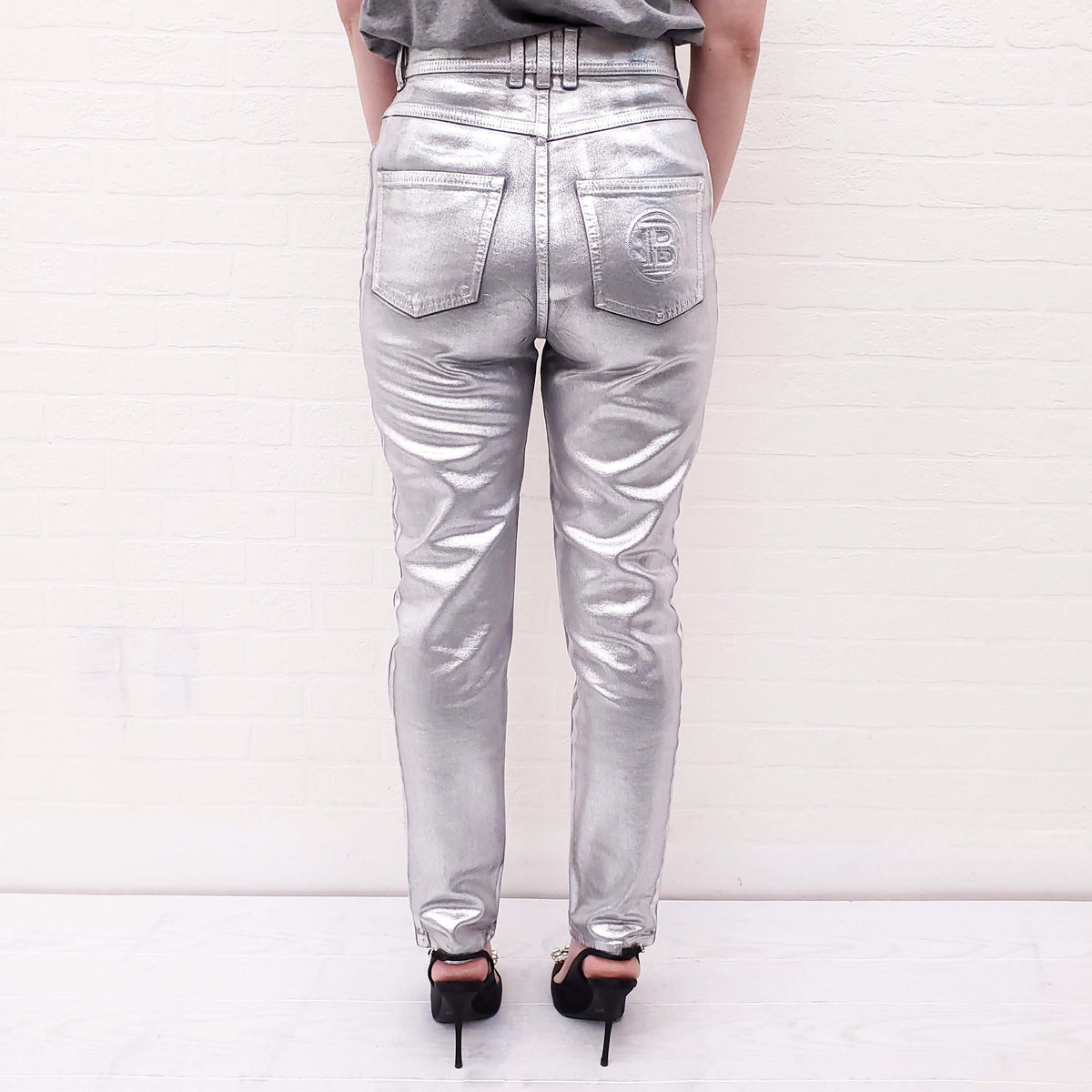 BALMAIN SILVER JEANS WITH GOLD LOGO - SIZE 38
