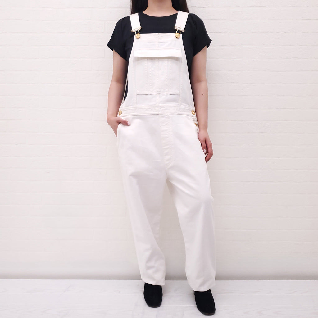 BALMAIN UNISEX WHITE DENIM OVERALLS WITH GOLD LOGO BUTTONS - SIZE 32/L