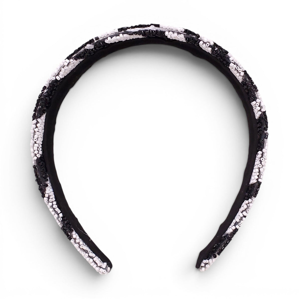 BLACK AND WHITE ZEBRA PATTERNED BEADED HEADBAND
