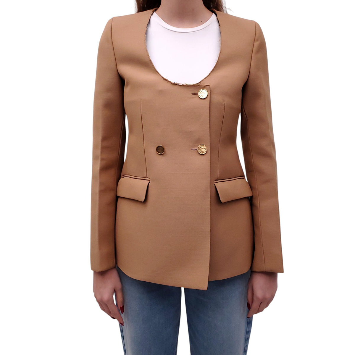 BOTTEGA VENETA CAMEL WOOL SUIT JACKET WITH GOLD BUTTONS - SIZE 38