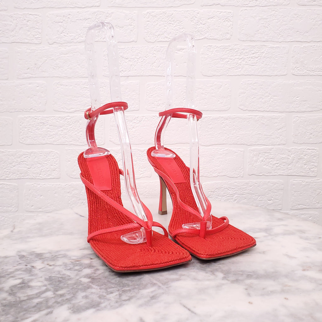 BOTTEGA VENETA RED RAFFIA HEELS - SIZE 38