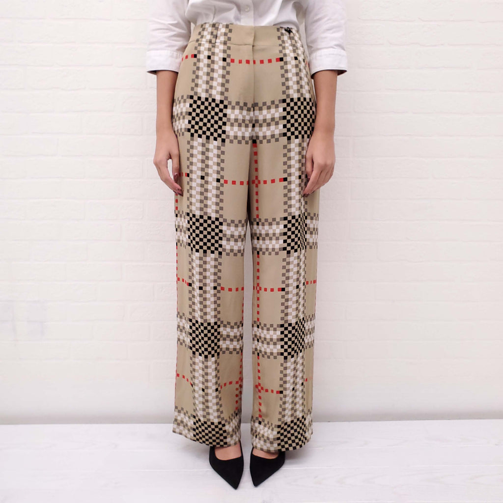 BURBERRY KHAKI SILK SQUARE PATTERNED TROUSERS - SIZE 4