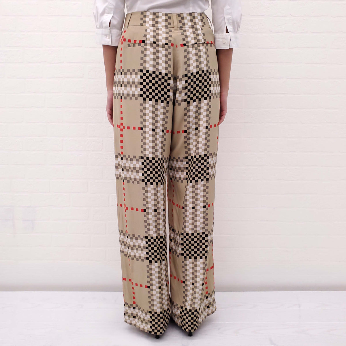 BURBERRY KHAKI SILK SQUARE PATTERNED TROUSERS - SIZE 4