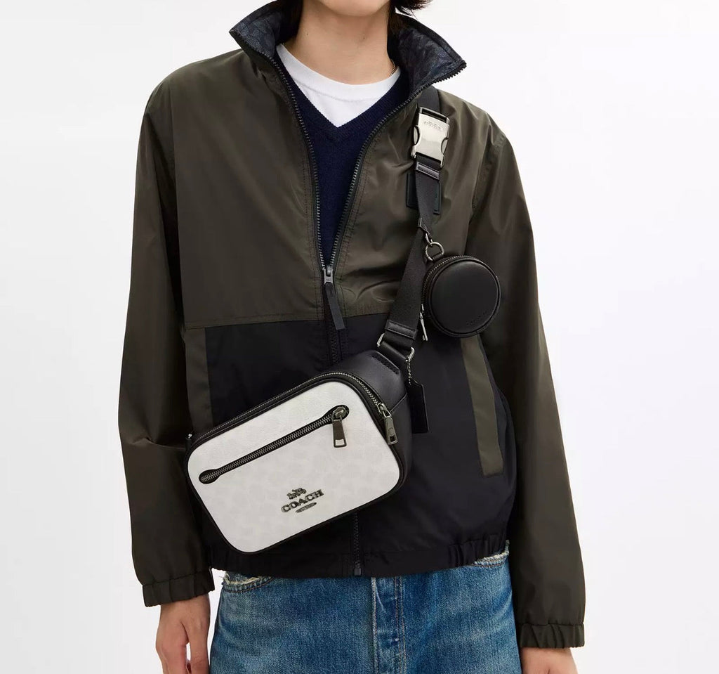 NWT Coach Unisex Elias Belt Bag In Signature Canvas & Smooth Leather