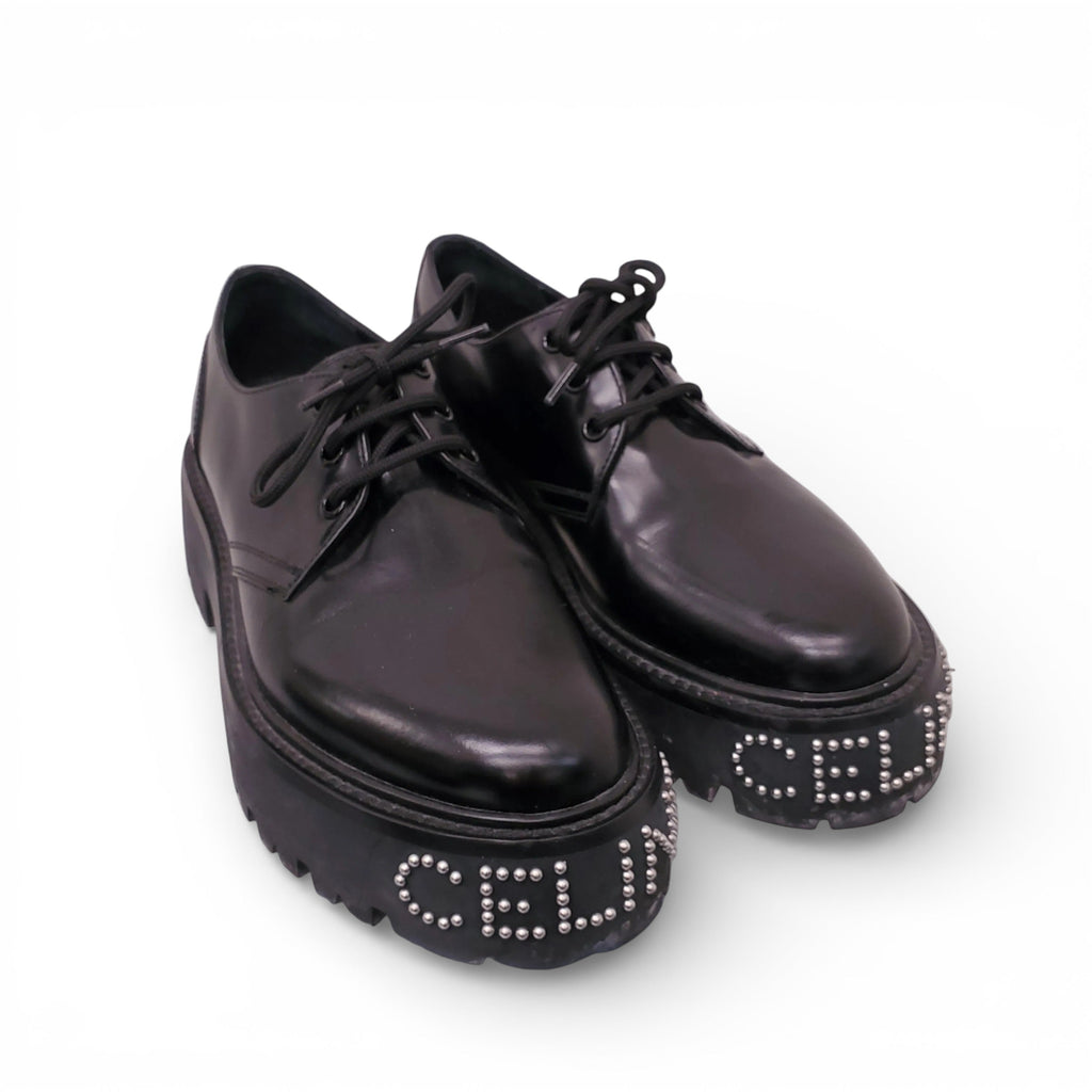 CELINE BLACK CHUNKY STUDDED LOGO OXFORDS - SIZE 39