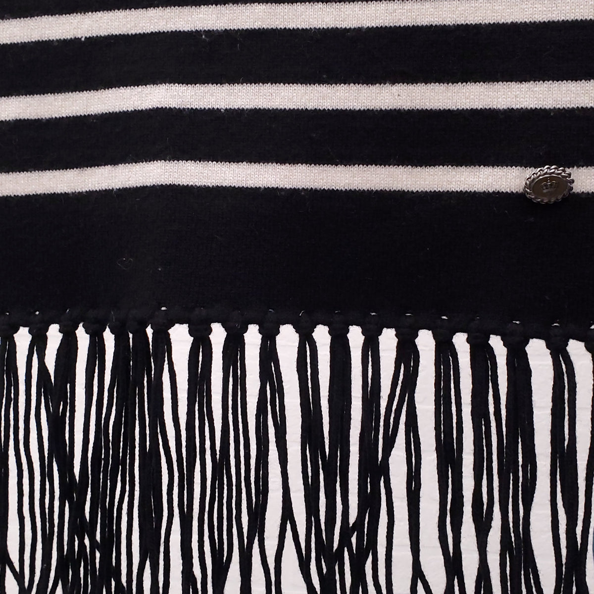 CHANEL BLACK AND WHITE STRIPED LOGO SCARF