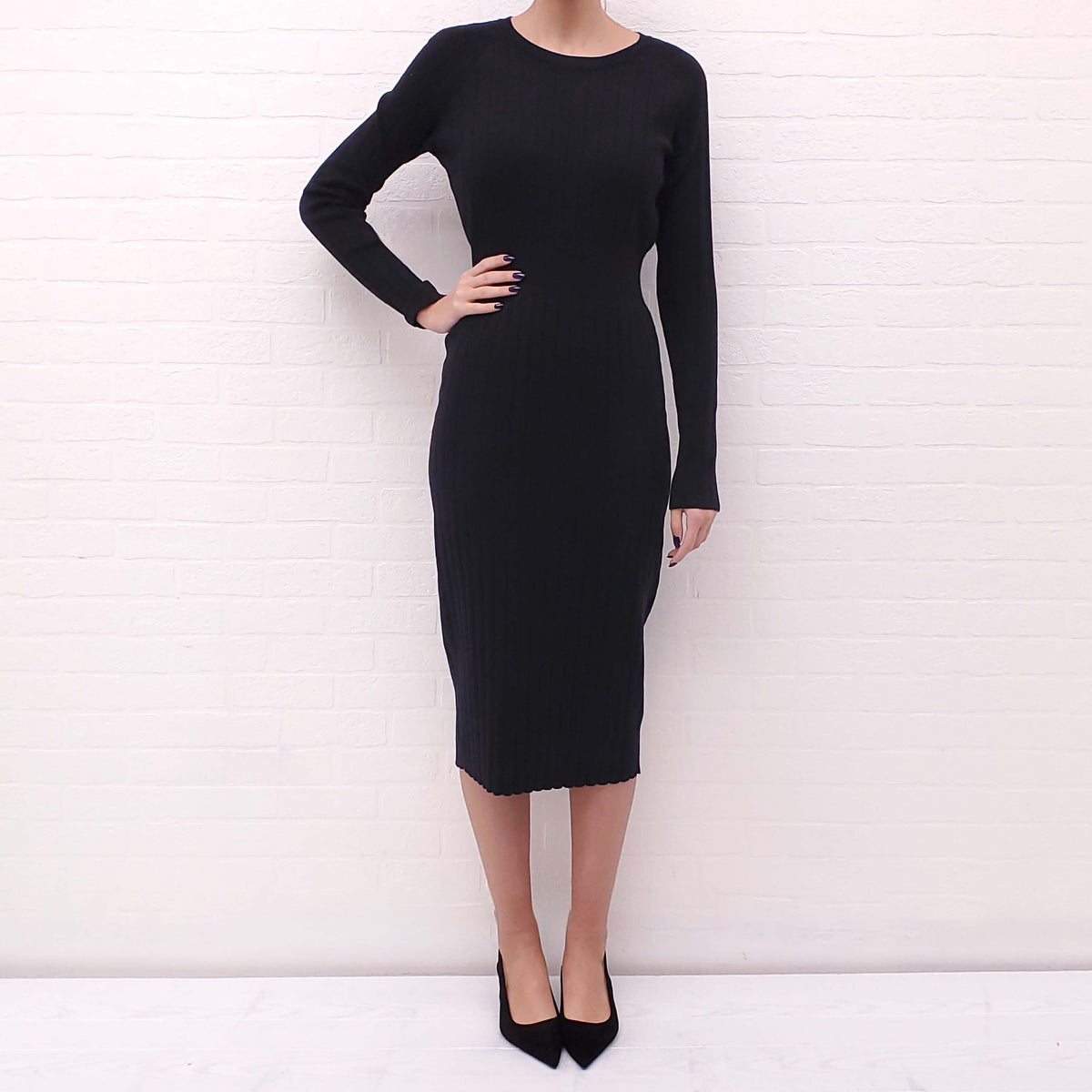 CHANEL BLACK SWEATER DRESS WITH LOGO BUTTONS - SIZE 38