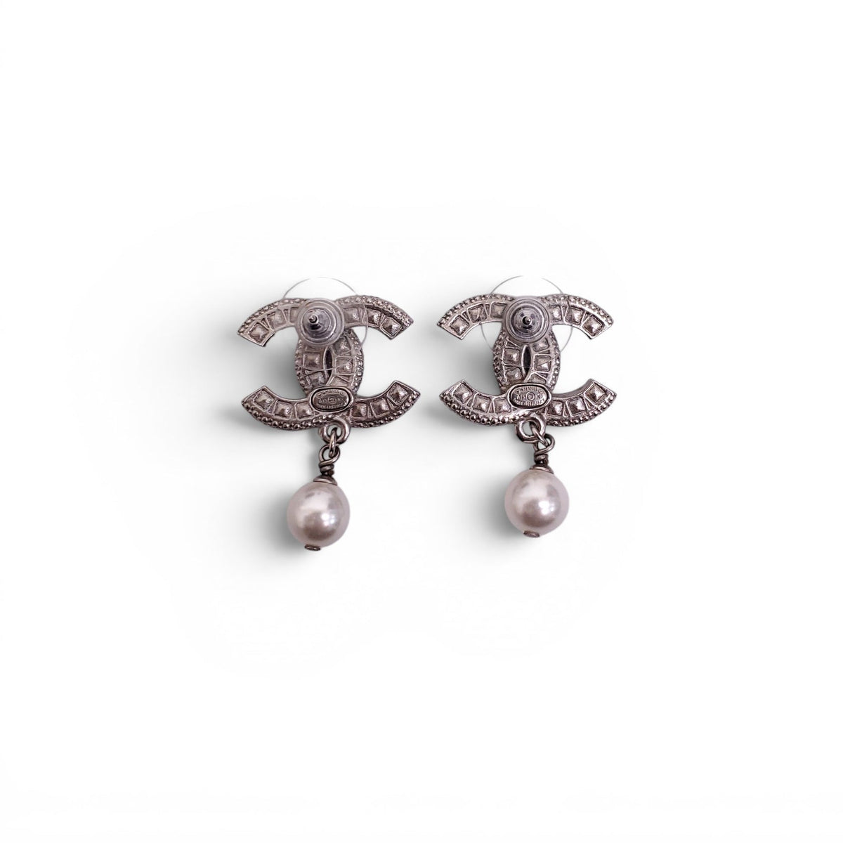 CHANEL LOGO PEARL DROP EARRINGS