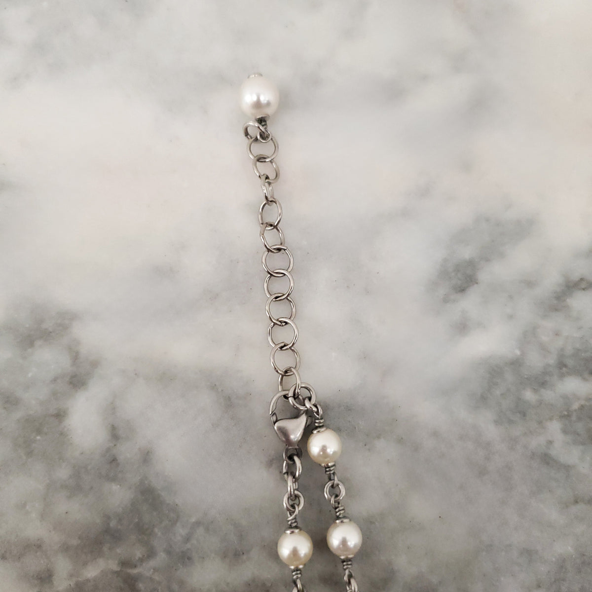 CHANEL PEARL AND SILVER CRYSTAL CHAIN LOGO NECKLACE