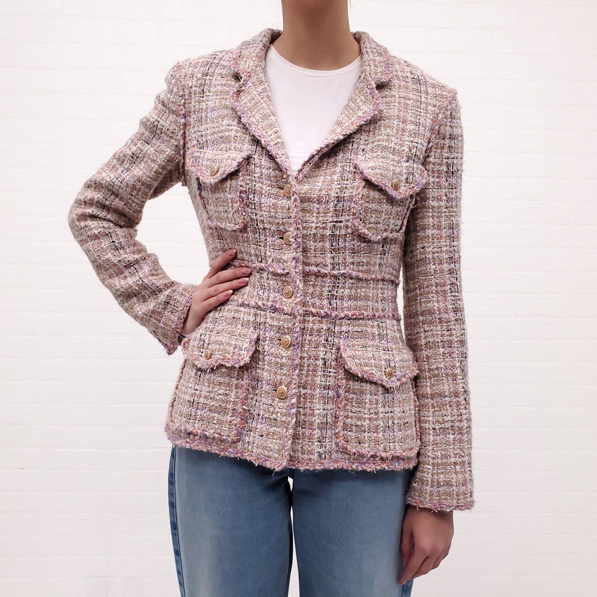 CHANEL PINK TWEED JACKET WITH LOGO BUTTONS - SIZE 40