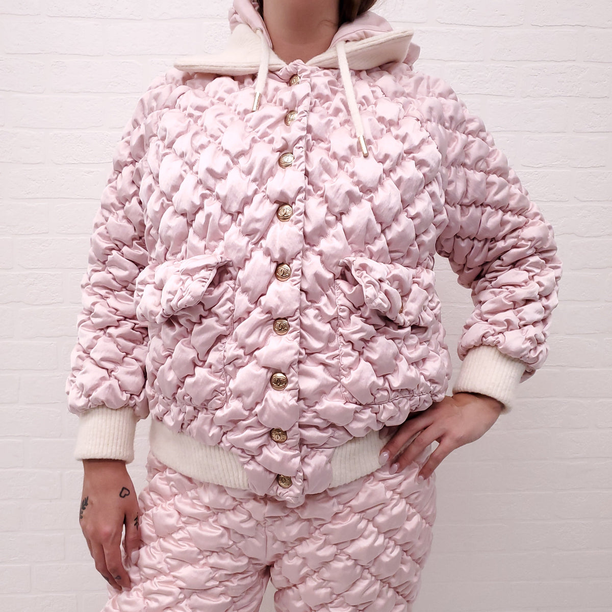 CHANEL RUNWAY PINK QUILTED BOMBER JACKET WITH MATCHING QUILTED PANT - SIZE 36