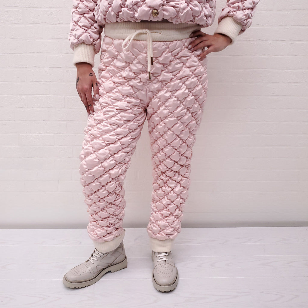 CHANEL RUNWAY PINK QUILTED BOMBER JACKET WITH MATCHING QUILTED PANT - SIZE 36