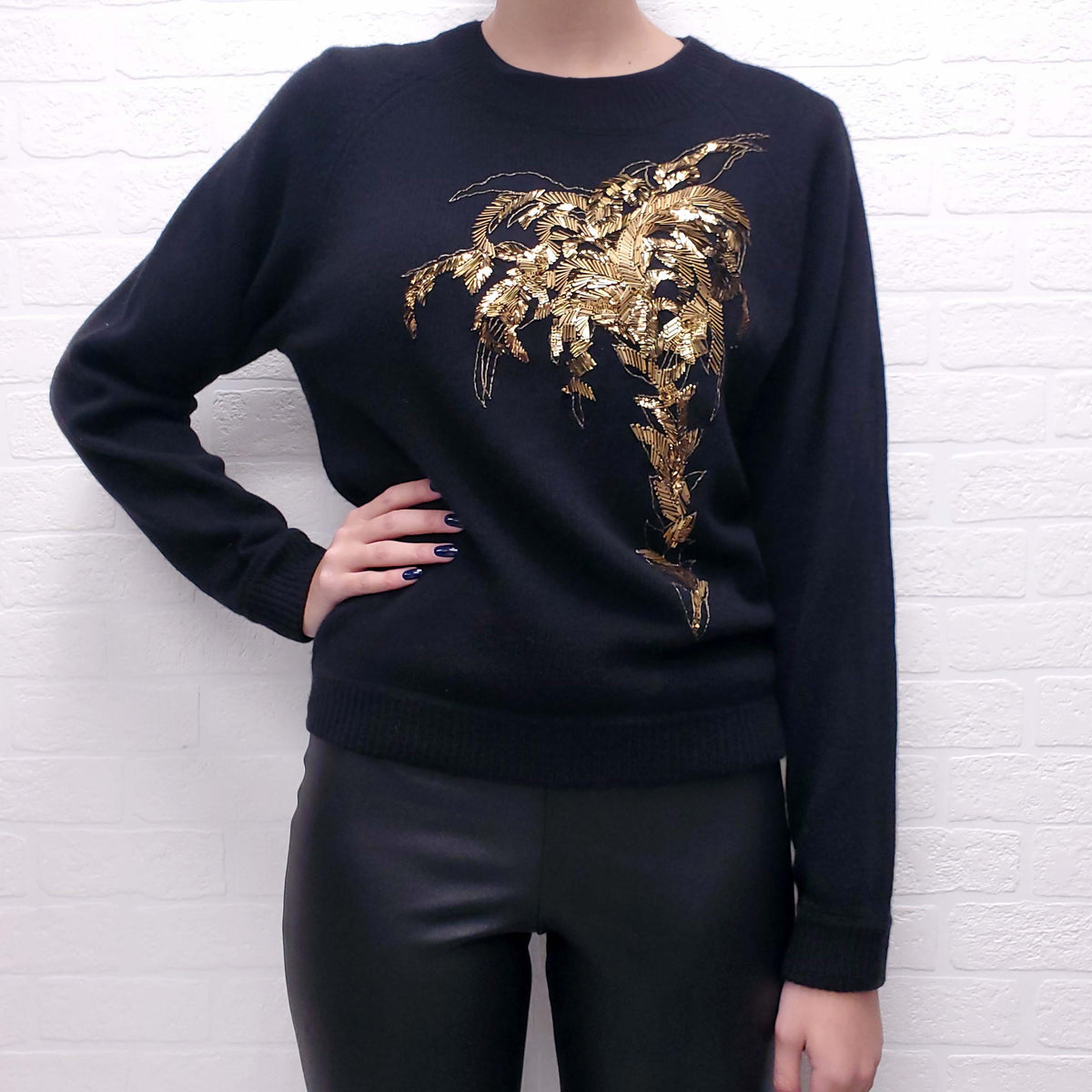 CHLOÉ BLACK SWEATER WITH GOLD BEADED PALM TREE - SIZE M