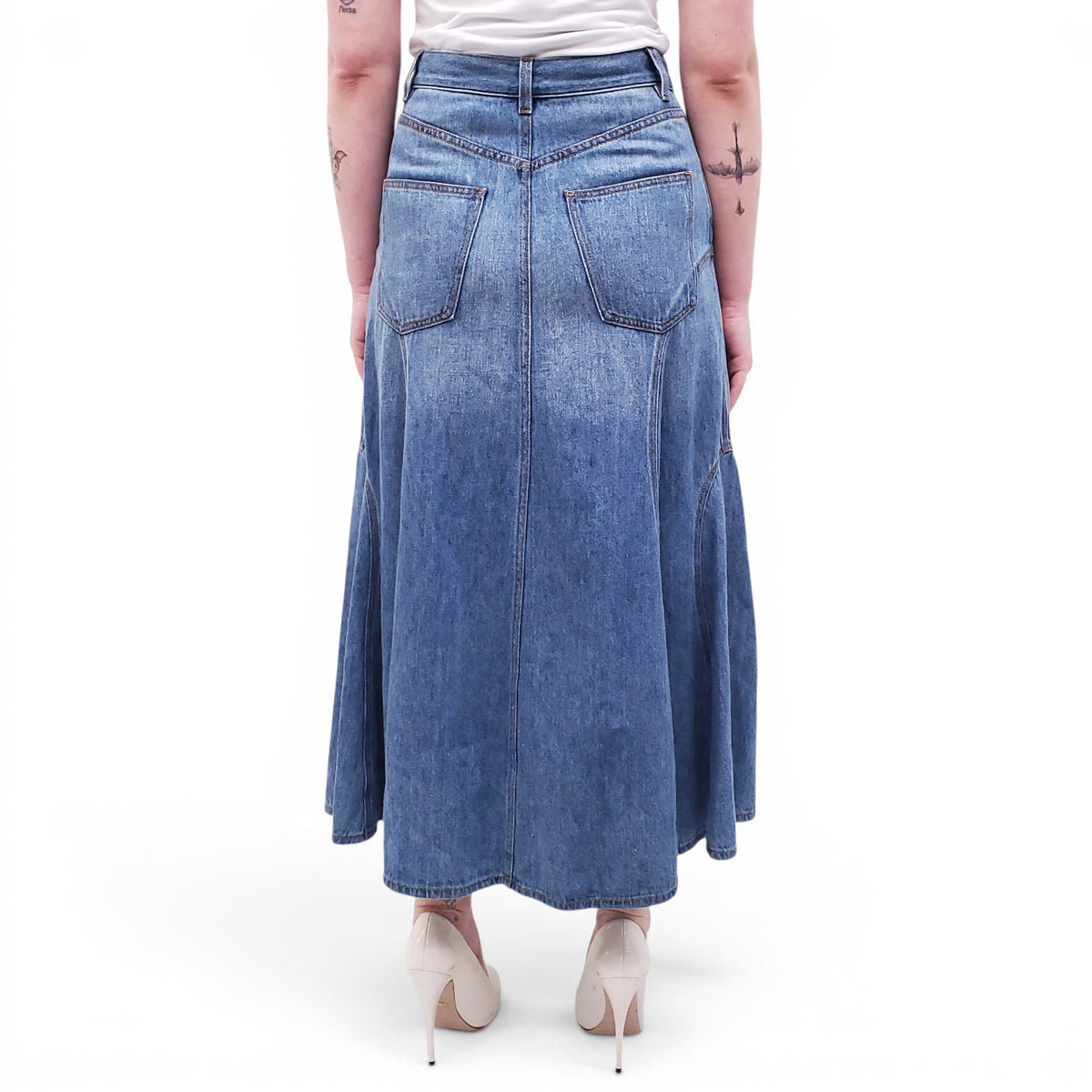 CHLOÉ EMBROIDERED DENIM MIDI SKIRT - SIZE 38