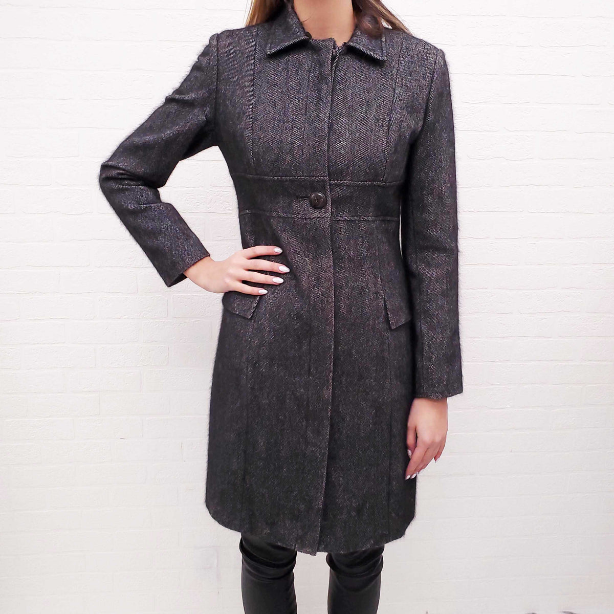 CHRISTIAN DIOR GREY TWEED COAT WITH LOGO LINING - SIZE 6