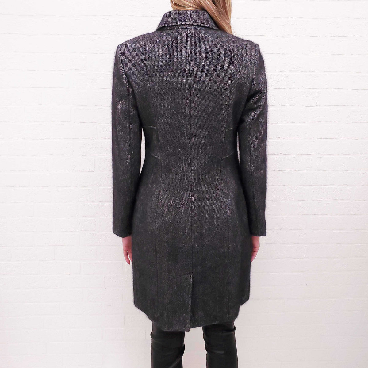 CHRISTIAN DIOR GREY TWEED COAT WITH LOGO LINING - SIZE 6