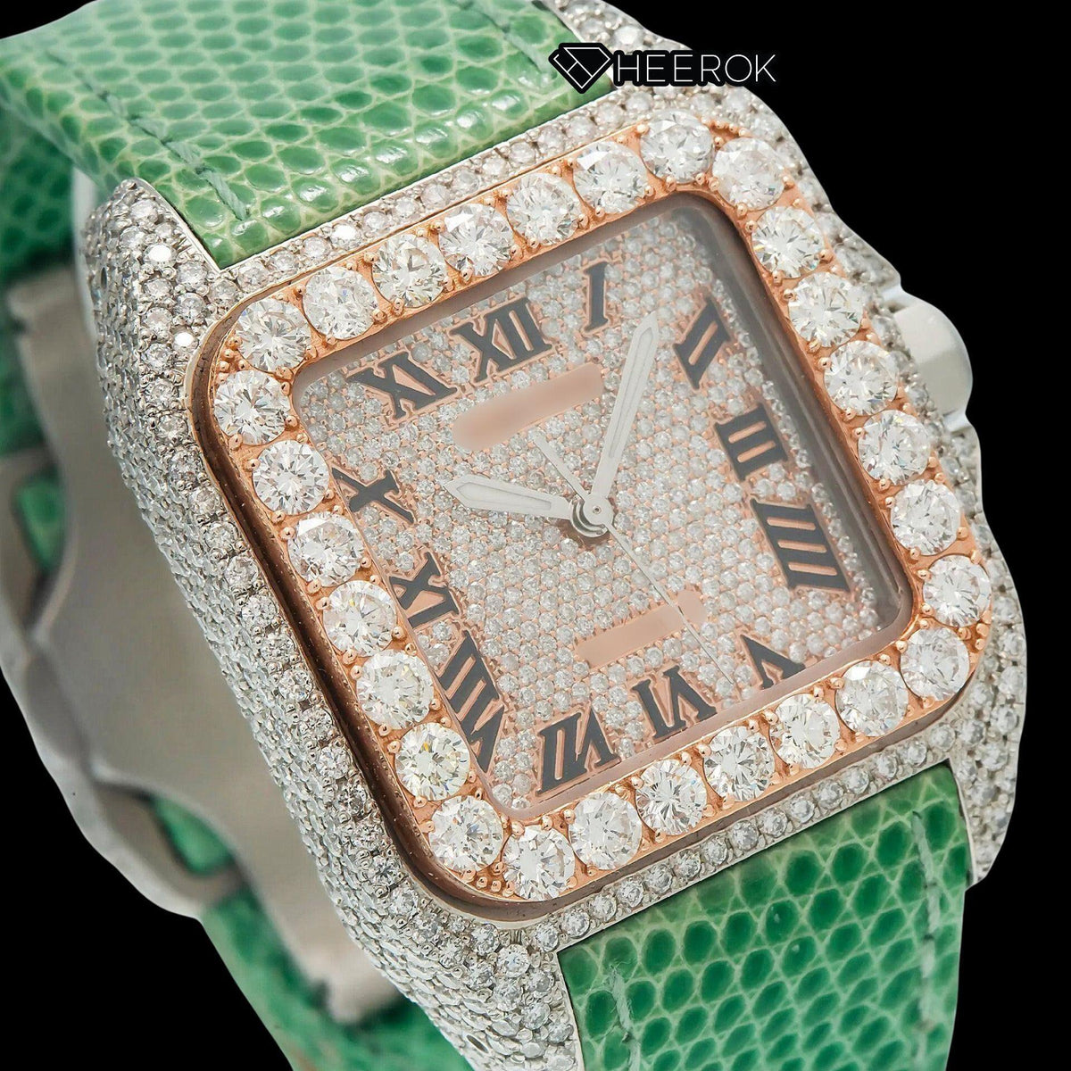 Cartier Santos Rose Gold Dial Roman Numerals Large Round Diamond Bezel Green Leather Strap Semi Iced Moissanite Diamond Watch
