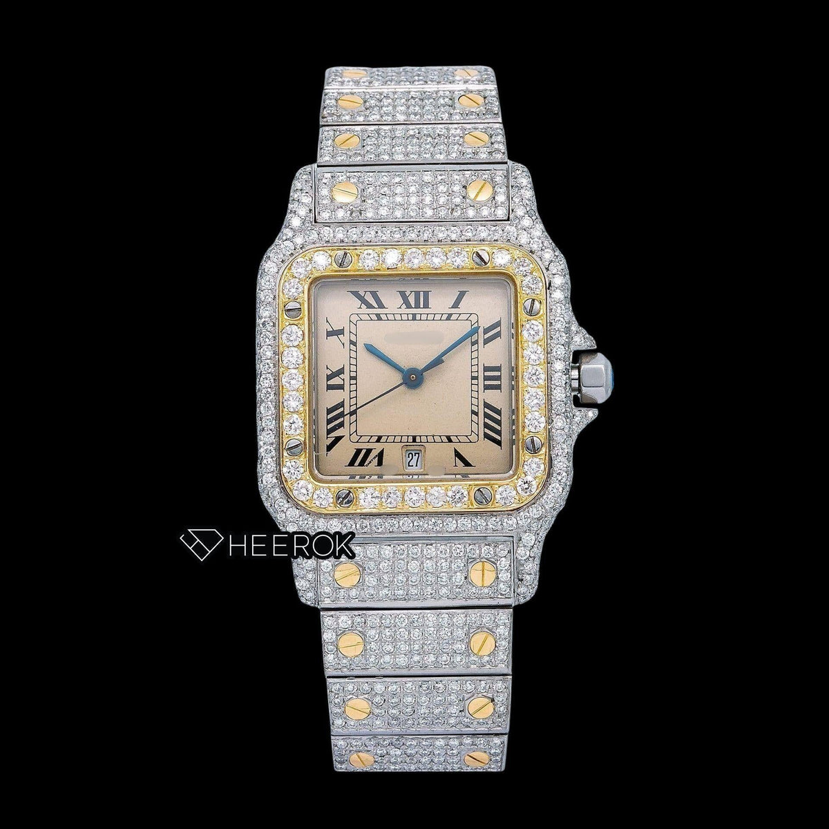 Cartier Santos Yellow Dial Roman Numerals Diamond Bezel Fully Iced Two Tone Moissanite Diamond Watch For Women