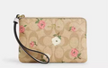 NWT Coach Corner Zip Wristlet Wallet In Signature Canvas & Leather With Floral Print
