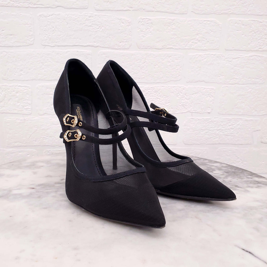 DOLCE & GABBANA BLACK MESH DOUBLE STRAP HEELS - SIZE 40
