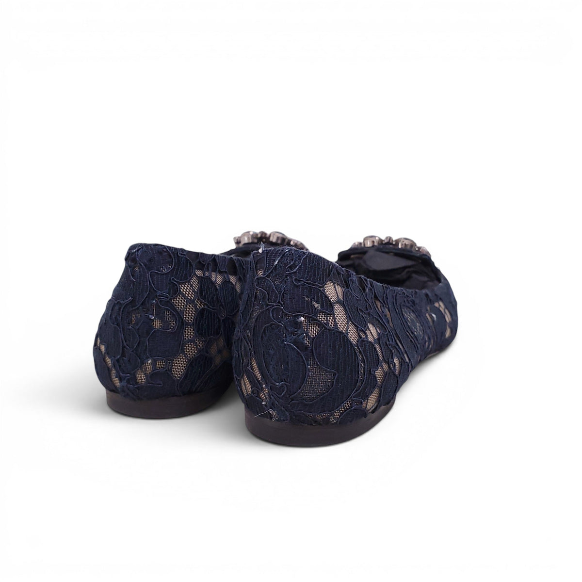 DOLCE & GABBANA NAVY LACE FLATS WITH CRYSTAL DETAIL - SIZE 38.5