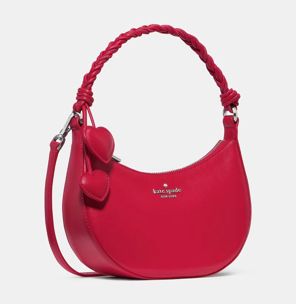 NWT Kate Spade Nova Braided Crescent Leather Shoulder Bag With Heart Charms