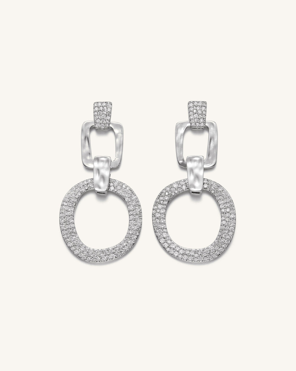 Geometrical Openwork Round Earrings - 18ct White Gold Plated & White Zircon