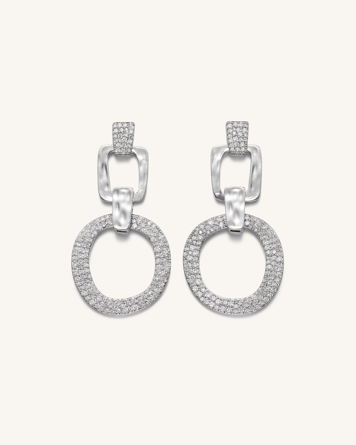 Geometrical Openwork Round Earrings - 18ct White Gold Plated & White Zircon