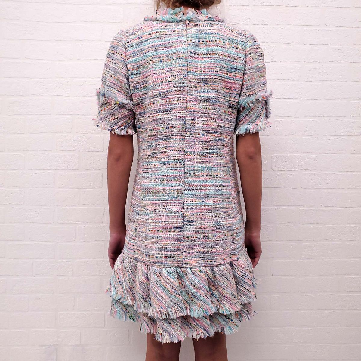 EDWARD ACHOUR PARIS TURQUOISE AND PINK TWEED DRESS WITH CRYSTAL AND PEARL BUTTONS - SIZE 42
